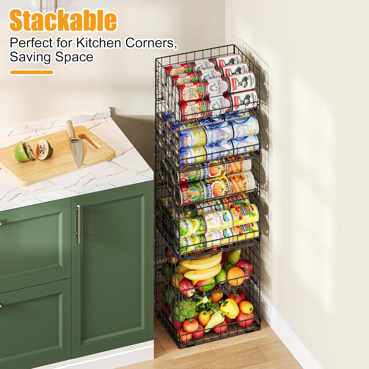 JKsmart 3 Pack XXL Stackable Wire Baskets with Handles for Pantry Storage and Organization, Fruit and Vegetable Basket with Name Plates, Metal Storage Bins for Snack Can Fruit Veggies, XXL