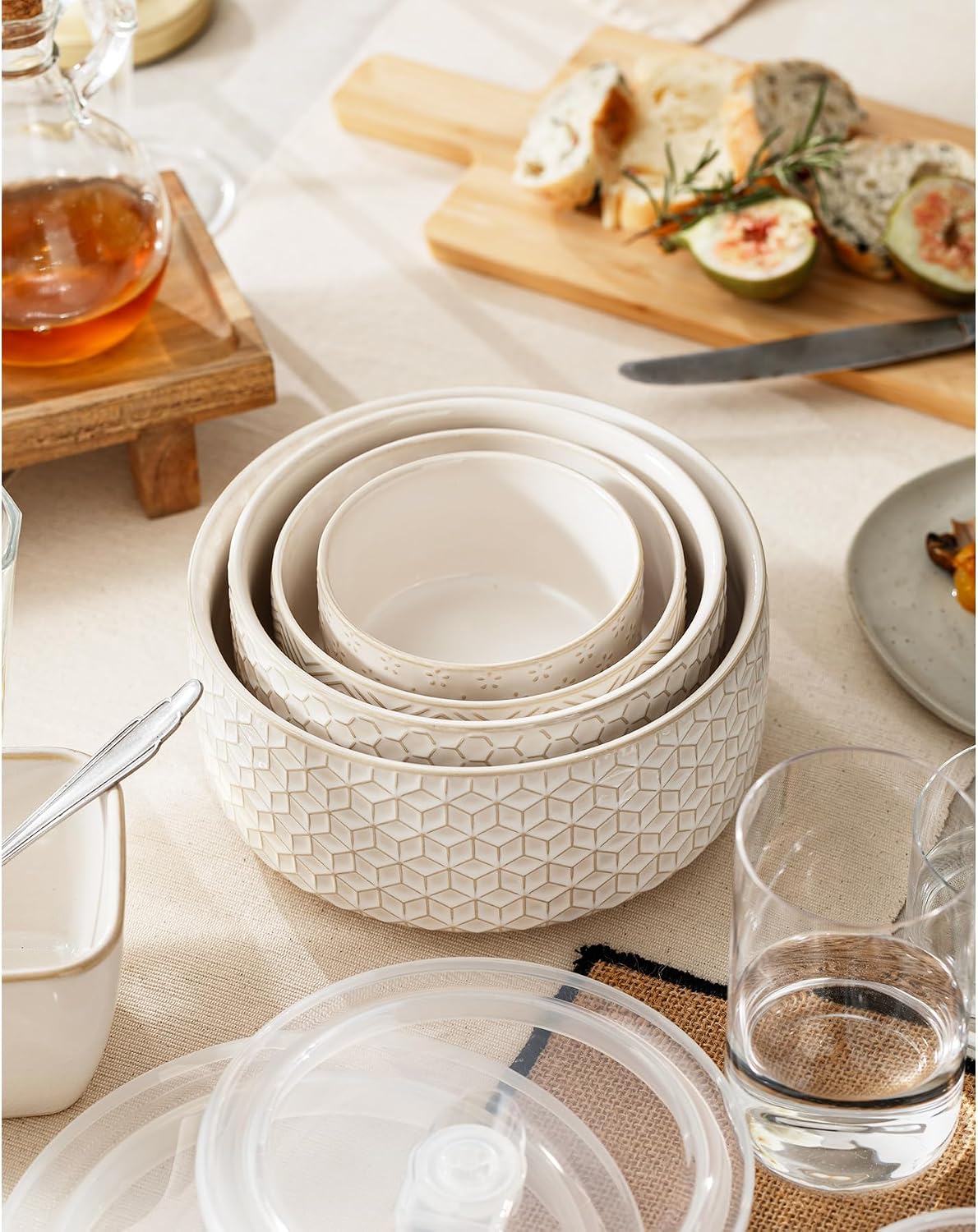 Mixing Bowls with Lids Set of 4, Ceramic Nesting Bowls, Embossed Mixing Bowl Set for Food Storage, Prep Bowl, Gift, Microwave and Dishwasher Safe, 10/18/33/50 OZ, Off-White