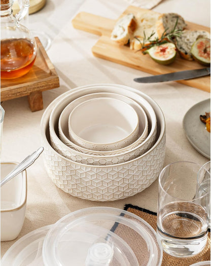 Mixing Bowls with Lids Set of 4, Ceramic Nesting Bowls, Embossed Mixing Bowl Set for Food Storage, Prep Bowl, Gift, Microwave and Dishwasher Safe, 10/18/33/50 OZ, Off-White