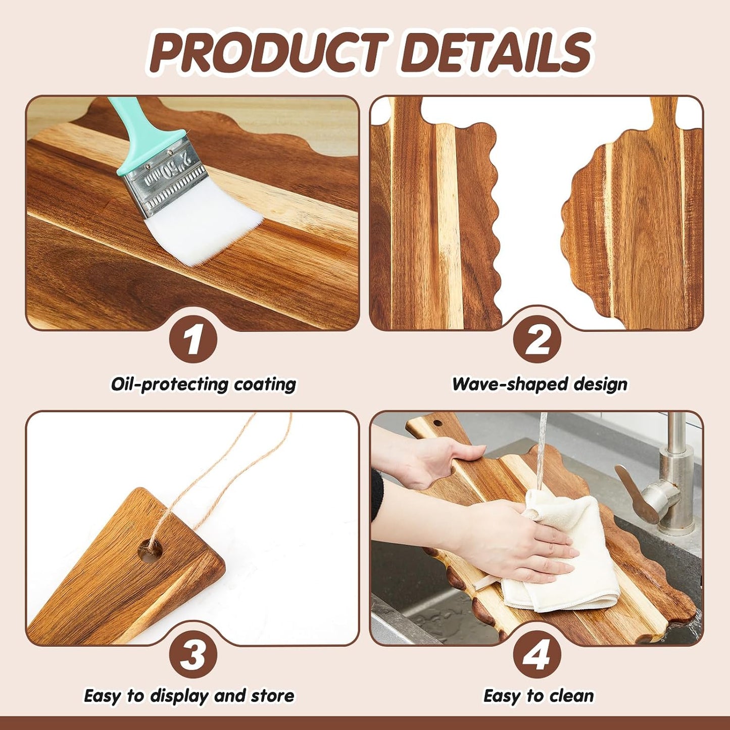 Novabright 2 Pcs Acacia Wood Scalloped Cutting and Chopping Board with Handle Decorative Cutting Boards for Kitchen Wooden Charcuterie Boards Serving Tray for Cheese Meat Fruit Bread Baking