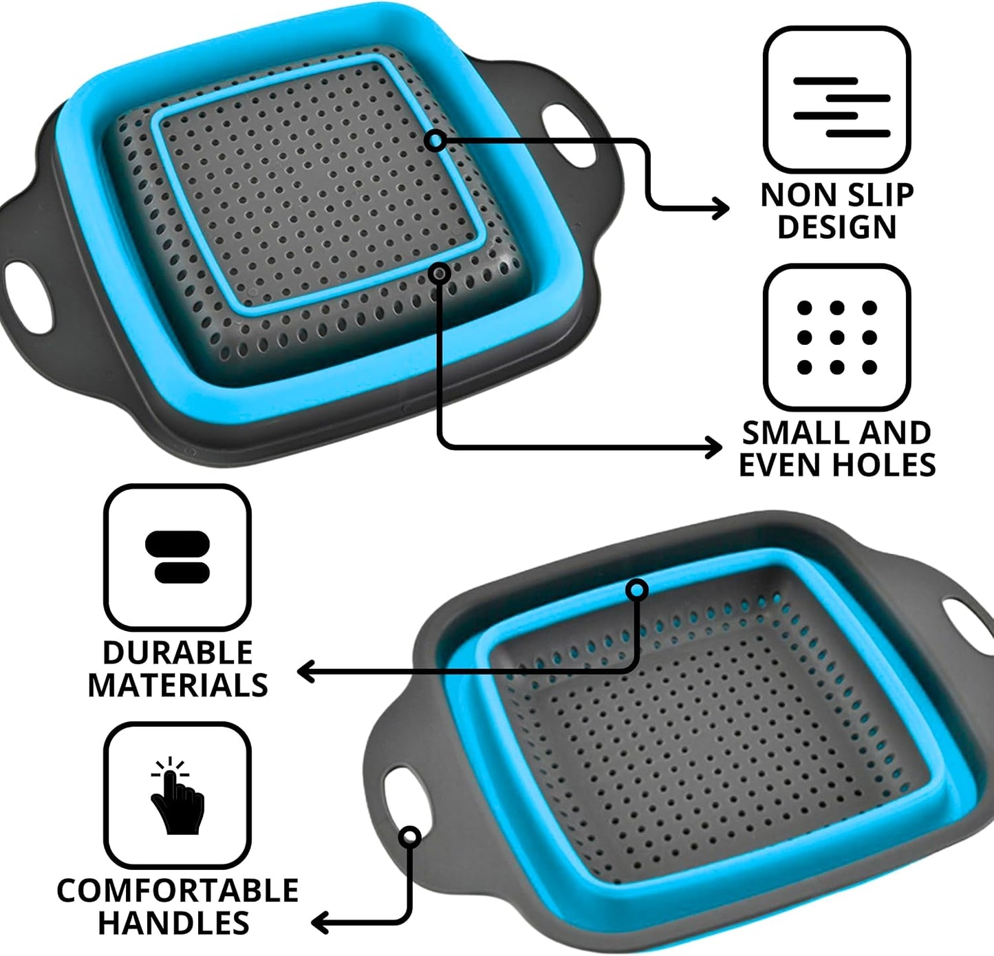 3PCS Green Foldable Kitchen Strainer Set – Silicone Colander Collapsible Strainers and Colanders Green Collander for Kitchen Collapsible Compact Drain Tools for Cooking Prep