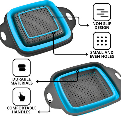 3PCS Green Foldable Kitchen Strainer Set – Silicone Colander Collapsible Strainers and Colanders Green Collander for Kitchen Collapsible Compact Drain Tools for Cooking Prep
