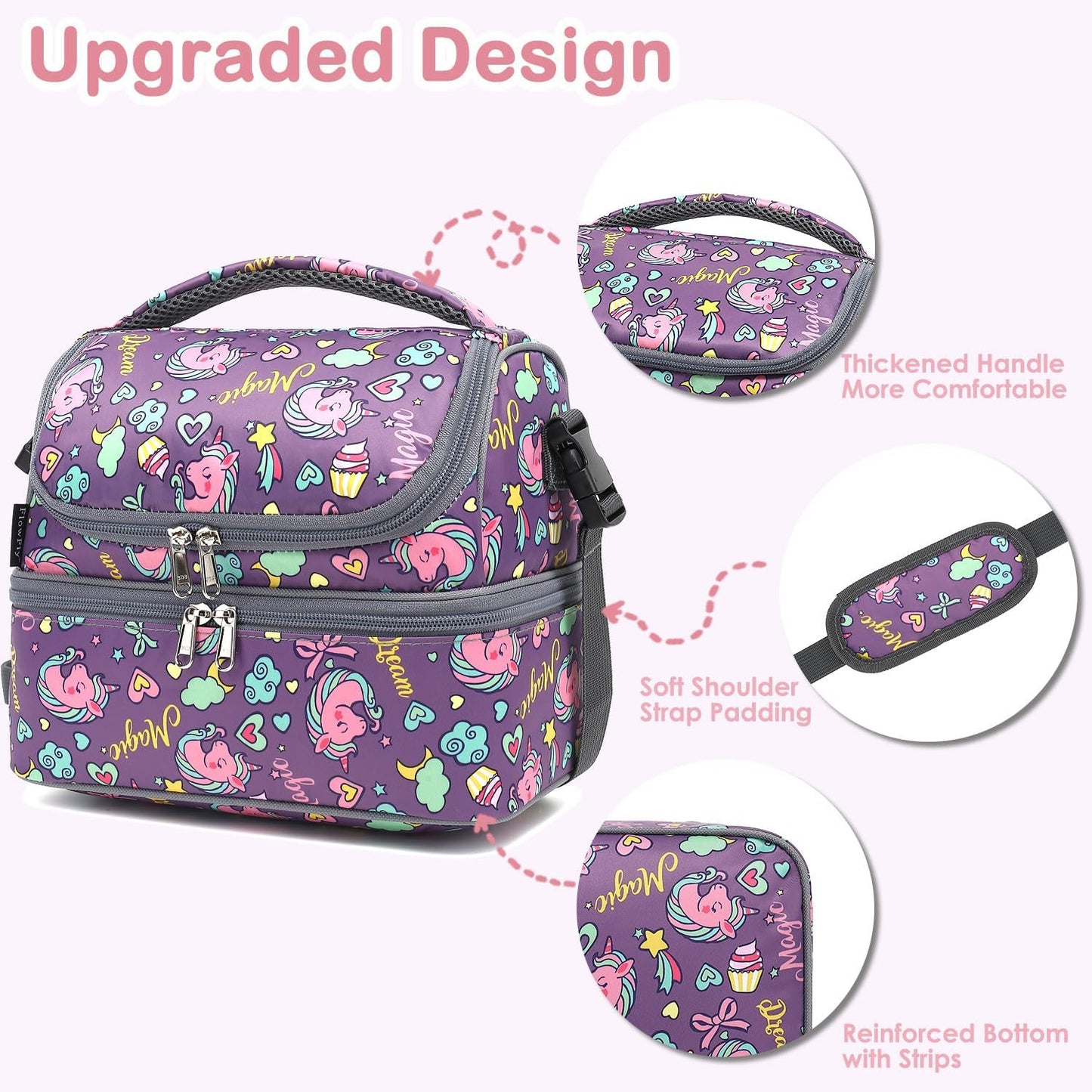 FlowFly Kids Double Decker Cooler Insulated Lunch Bag Large Tote for Boys, Girls, Men, Women, With Adjustable Strap, Unicorn