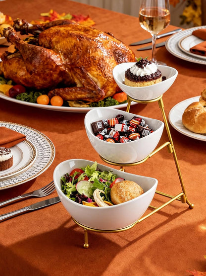 Miamolo Porcelain Serving Bowl Set for Appetizer Serving Dishes Set with 2 Compartment, Chip and Dip Taco Rack Display Salad Bar Serving Set, Gold Stand