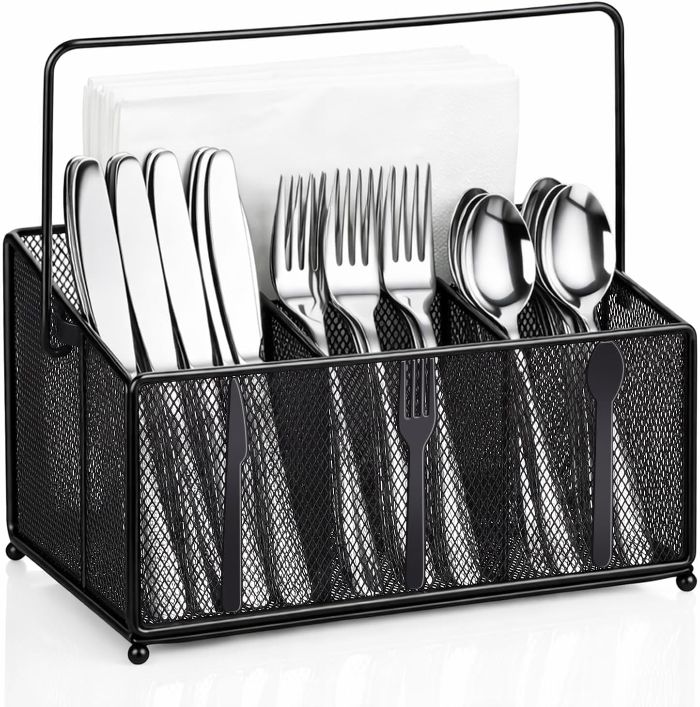 Utensil Caddy for Party, Utensil Organizer Silverware Caddy, 4 Compartment Metal Cutlery Organizer, Fork Spoon Napkin Plate Basket for Kitchen Countertop Buffet Outdoor BBQ Camping Picnic