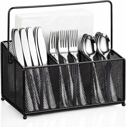 Utensil Caddy for Party, Utensil Organizer Silverware Caddy, 4 Compartment Metal Cutlery Organizer, Fork Spoon Napkin Plate Basket for Kitchen Countertop Buffet Outdoor BBQ Camping Picnic
