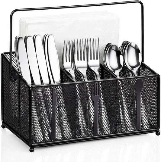 Utensil Caddy for Party, Utensil Organizer Silverware Caddy, 4 Compartment Metal Cutlery Organizer, Fork Spoon Napkin Plate Basket for Kitchen Countertop Buffet Outdoor BBQ Camping Picnic