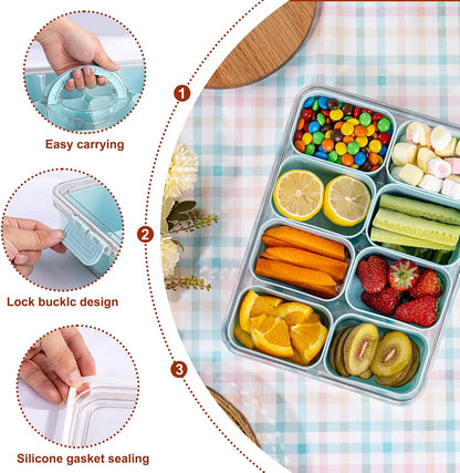 U-QE Dishwasher Safe Snackle Box Container with 8 Small Snacks Box - Premium Ivory Plastic Divided Serving Tray with Lid and Handle for Snack, Veggie, Fruits, Perfect for Party, Picnic, Entertaining