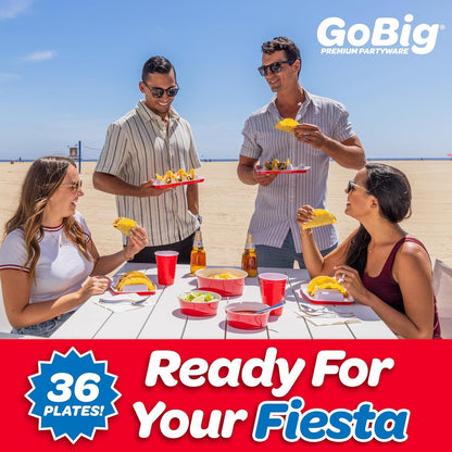 GoBig Taco Plates with Dividers – 36 Pack Disposable Red Party Cup Taco Plato Tray Holders for Party