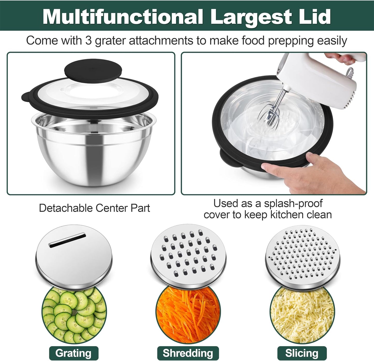 TeamFar Mixing Bowls, Stainless Steel Salad Serving Bowl with Clear Lids & 3 Graters, For Kitchen Cooking Prepping Storing, Size 4.6/2.6/1.5/1/0.7 QT, Nesting & Airtight, Set of 5 & Khaki