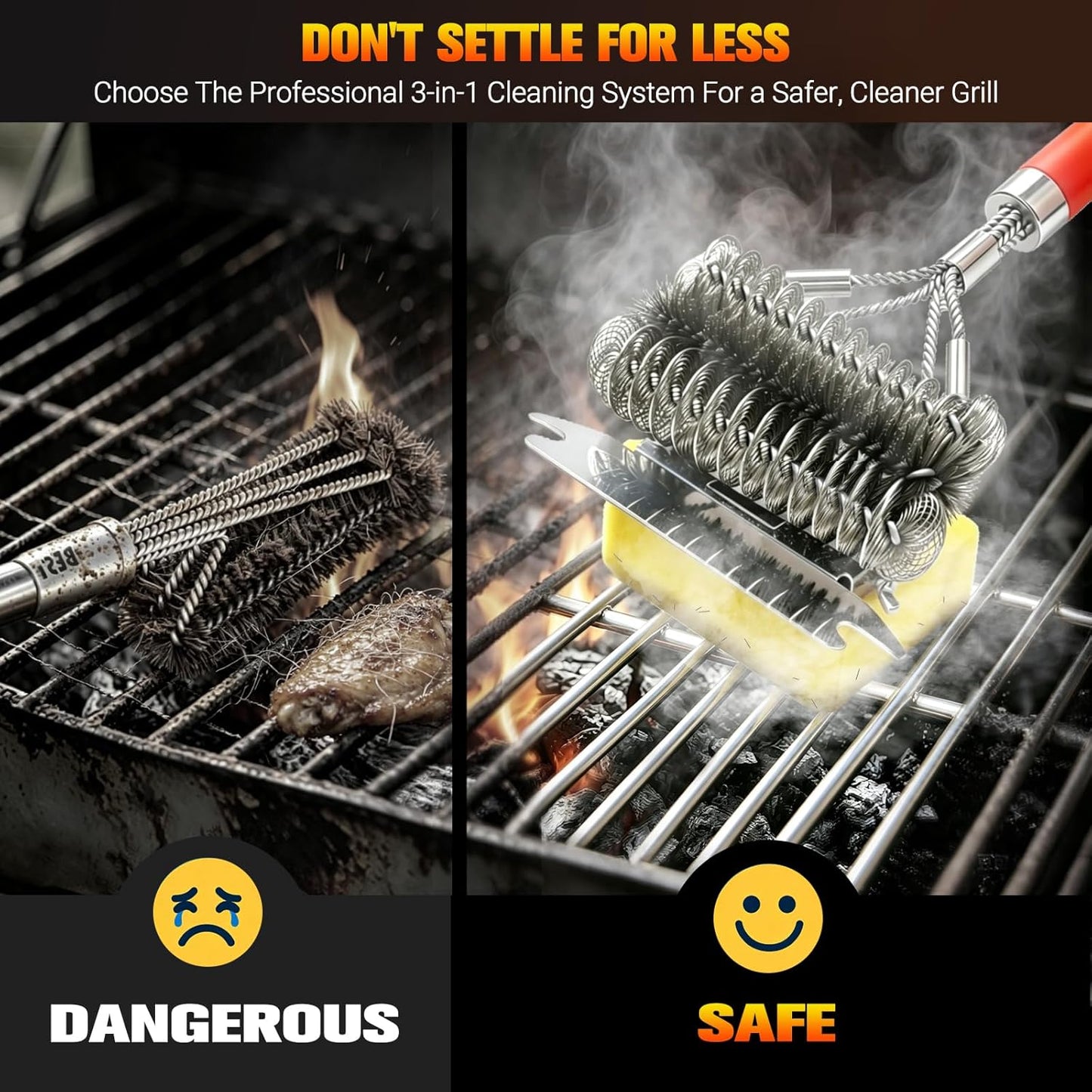 Professional 3-in-1 Grill Brush and Scraper with Safety Second Sweep Sponges - 18" Detachable Long Handle BBQ Cleaner for Heavy Duty Grime - Ideal Father's Day Grilling Gift for Men (Black)
