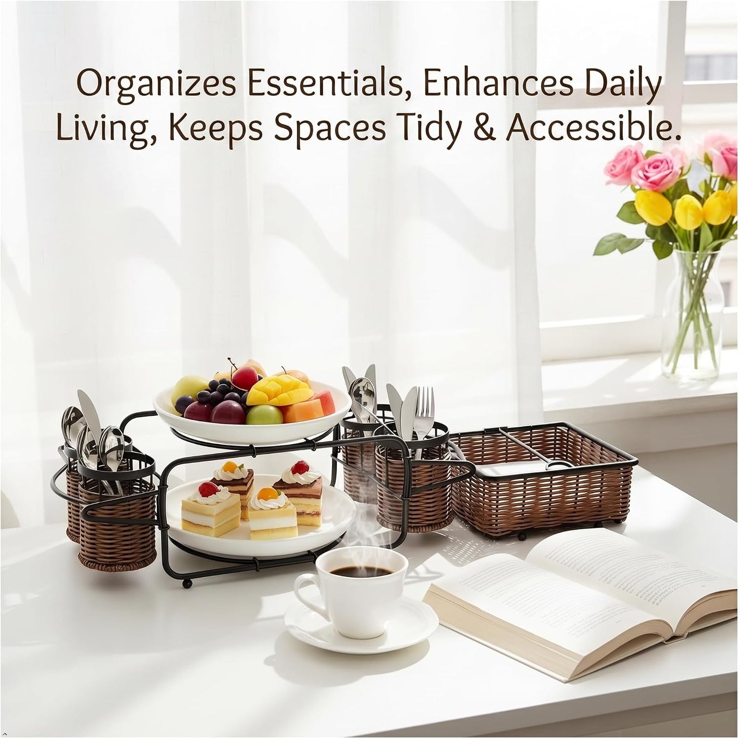 Woven Utensil Caddy with Napkin Holder, Countertop Organizer for Cutlery, Condiments, Picnic & Party SuppliesUtensils, Napkins - Ideal for Kitchen, Dining, Entertaining, Parties, Picnics