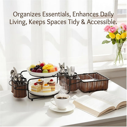 Woven Utensil Caddy with Napkin Holder, Countertop Organizer for Cutlery, Condiments, Picnic & Party SuppliesUtensils, Napkins - Ideal for Kitchen, Dining, Entertaining, Parties, Picnics