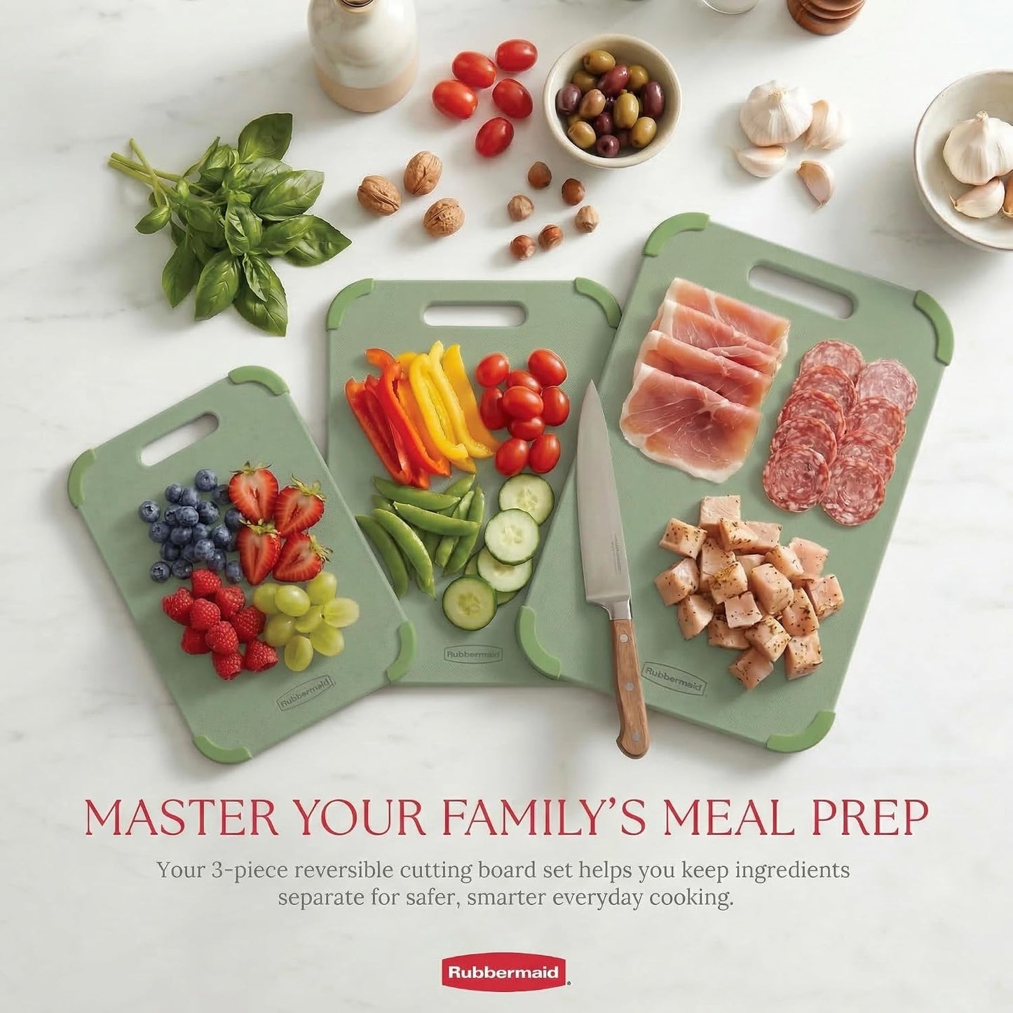 Rubbermaid 3pc Reversible Wheat Fiber Cutting Board Set | Cutting Boards for Kitchen – Dishwasher Safe, Non-Slip Corners, Lightweight & Easy To Store- Large Cutting Board for Meat, Veggies & Fruits