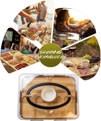 Charcuterie Board with Lid & Ice, Upgraded 6 Snap Laches, Sauce Cup Included, Large Portable Cheese Tray with Handle, Serving Tray for Picnic & Pool, House Warming Gifts New Home (Black)