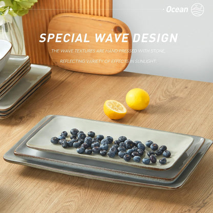 Famiware Serving Platter, Rectangular 15.67/14.1/12.6inch Serving Dishes for Entertaining, Microwave Dishwasher Safe, Stoneware Serving Trays for Party, Turkey, Cheese, Ocean Series, Cappuccino White