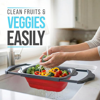 Comfify Coral XL Collapsible Silicone Over Sink Colander – 6 Quart | Coral; extends to 25" to span most sinks hands available; collapses flat; 6 Qt; heat resistant to 176°F; pasta, veg, fruit