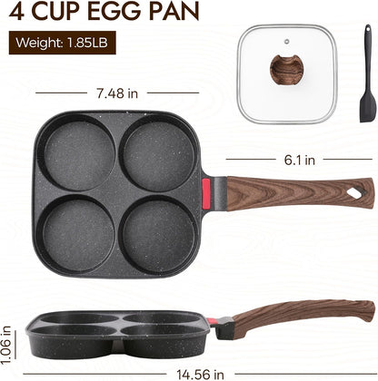 4 Cup Egg Pan Nonstick with Lid Silicone Scraper Mcgriddle Pan for Eggs