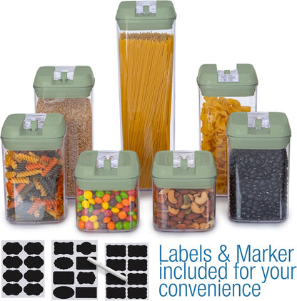Set of 7 Airtight Food Storage Containers - Pantry Organizer Bins, BPA Free Plastic Containers plus Dry Erase Marker and Labels, White
