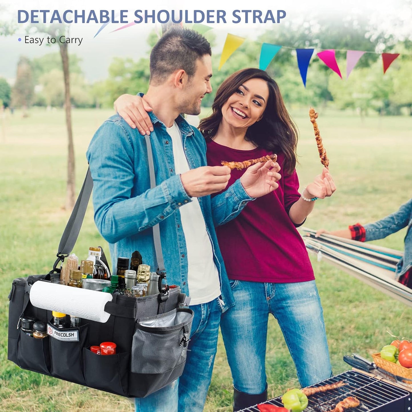 FREECOLSH Black Waterproof Caddy, 16" x 11" x 11", with Detachable Strap and Shoulder Pad for Carrying Utensils and Camping Supplies