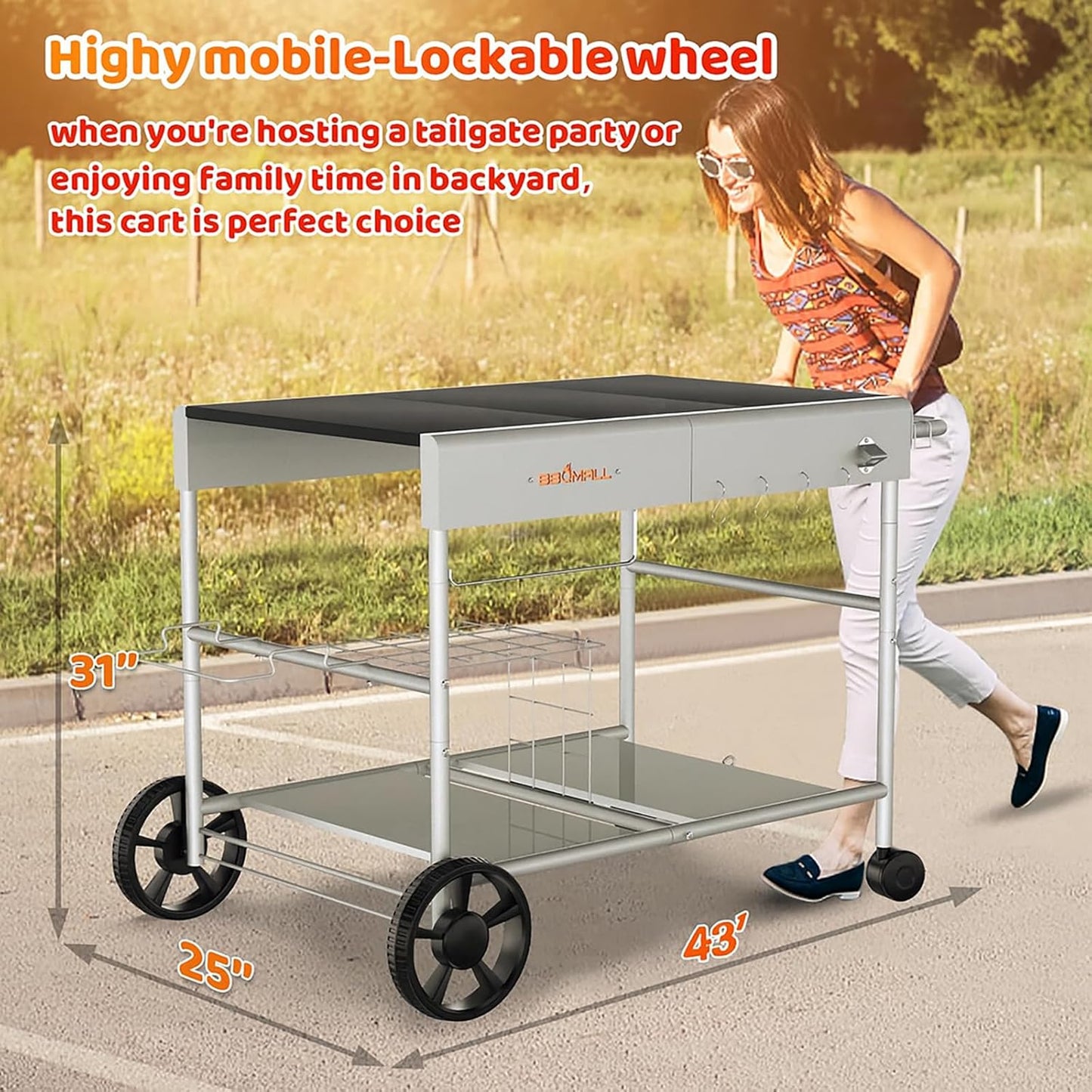 Upgraded Pizza Oven Cart Table for Ooni Koda/Karu/Fyra 16 & 12, Movable Thicken & Widen Rolling Kitchen Cart, Outdoor Grill Stand for Ninja Woodfire,Blackstone Griddle,Barbecue Tool Set
