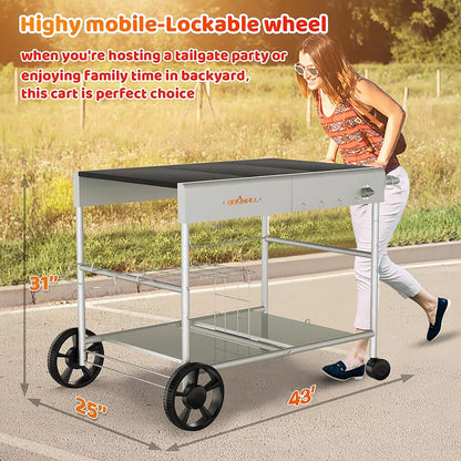 Upgraded Pizza Oven Cart Table for Ooni Koda/Karu/Fyra 16 & 12, Movable Thicken & Widen Rolling Kitchen Cart, Outdoor Grill Stand for Ninja Woodfire,Blackstone Griddle,Barbecue Tool Set