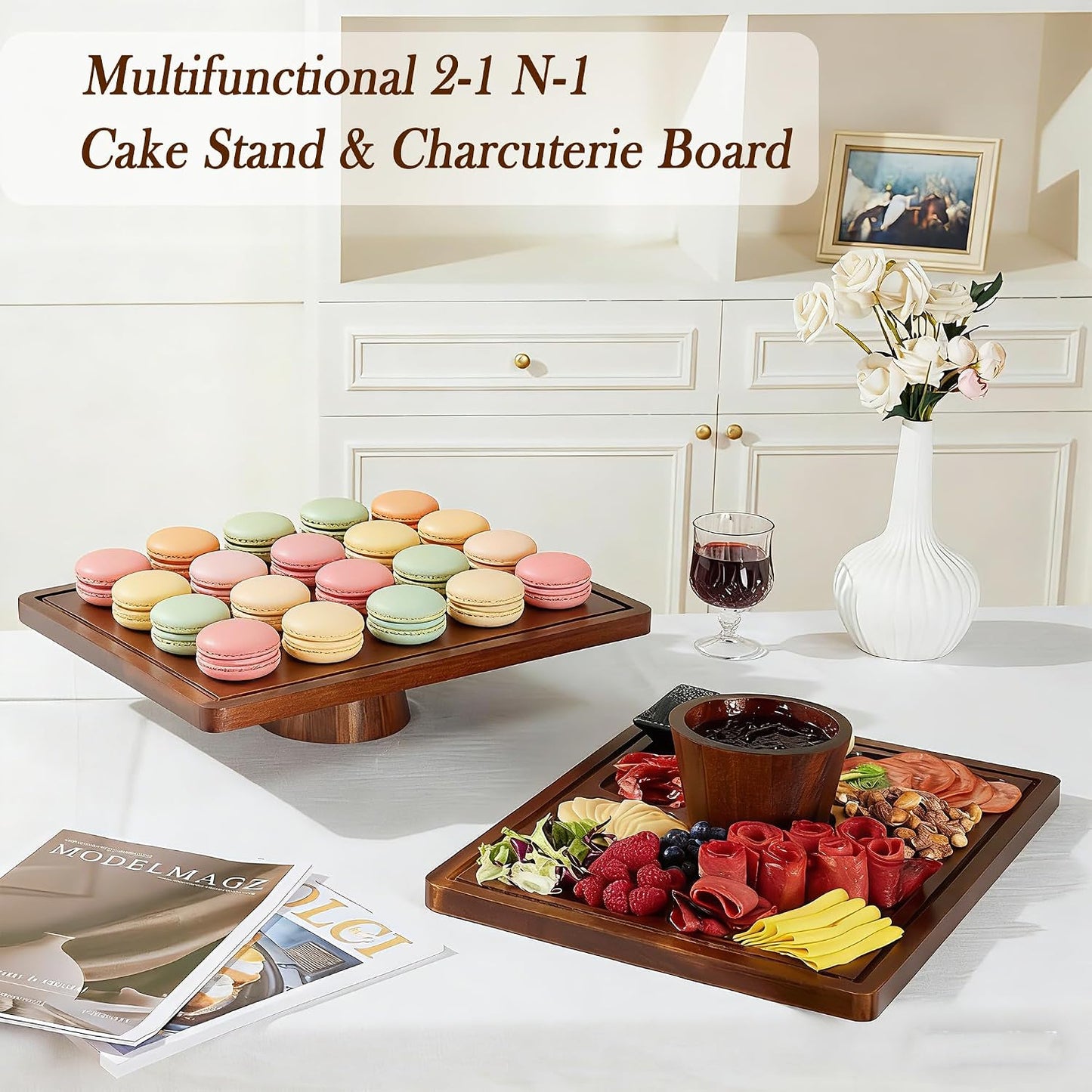 17" Rectangular Acacia Wood Cake Stand with Acrylic Lid, 2-in-1 Dessert Display & Charcuterie Board Serving Tray for Cheese Fruit Cupcake Party Wedding