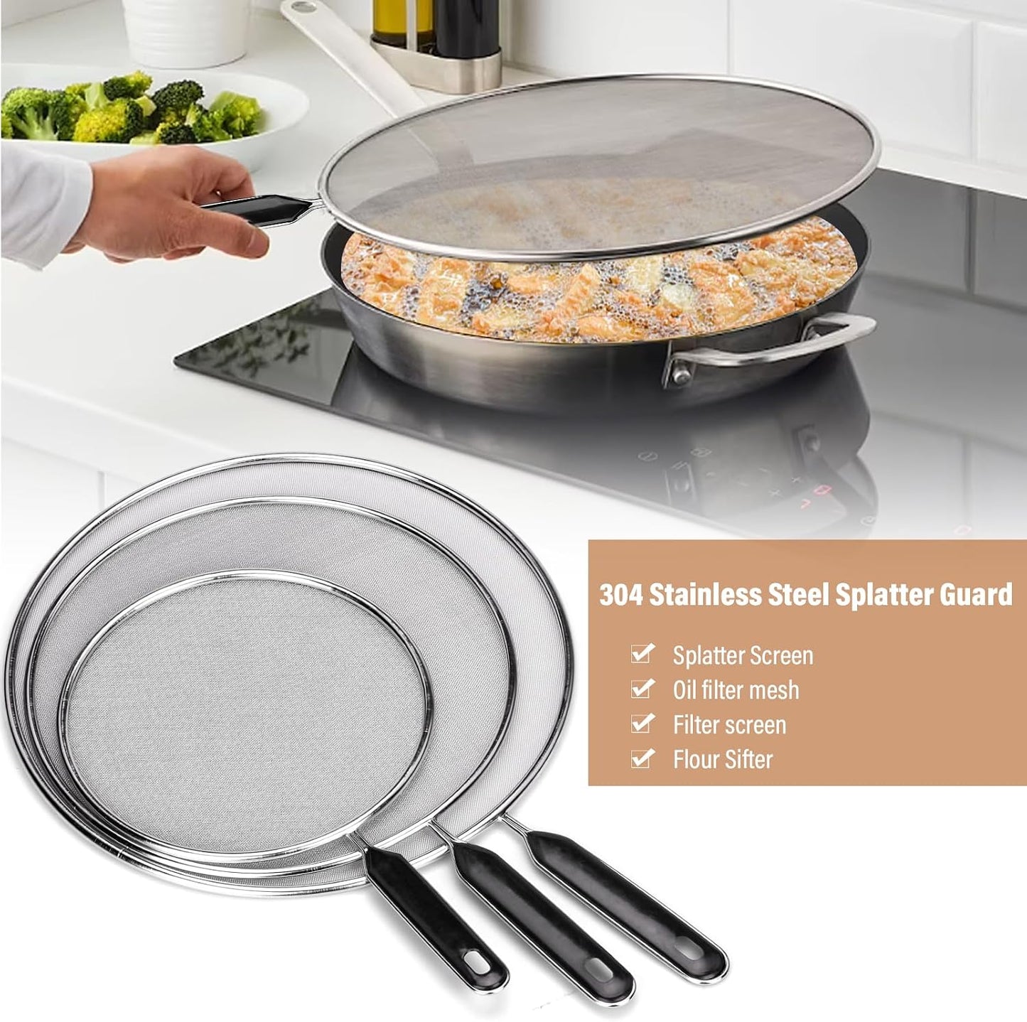 Splatter Screen for Frying Pan 13" 11.5" 9.8" Stainless Steel Fine Mesh Grease Splatter Guard with Comfort Silicone Handles and Resting Feet for Prevent Oil Splatter Safe Cooking