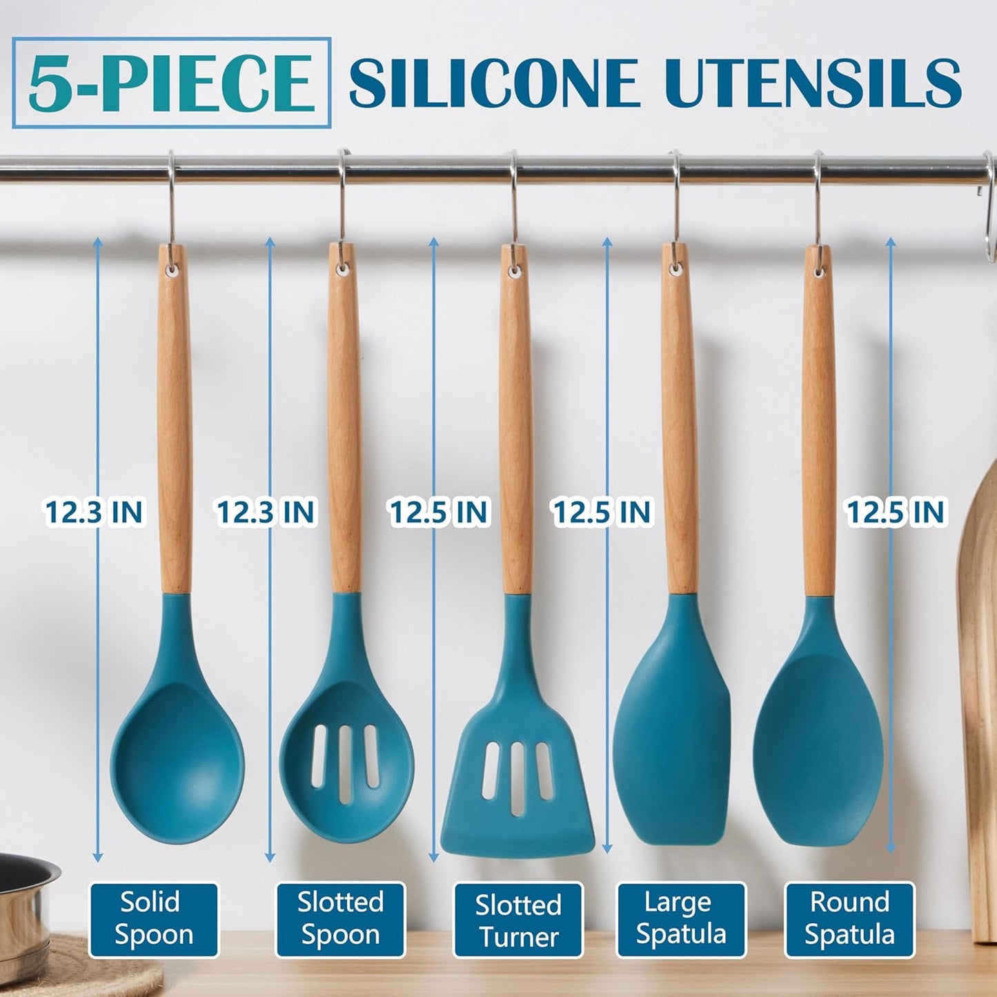 E-far Silicone Cooking Utensils Set, 5-Piece Kitchen Utensils Set with Wooden Handle for Cooking, Silicone Kitchen Nonstick Tools Spatula Turner Slotted Spoons, Nontoxic & Heat Resistant-Khaki