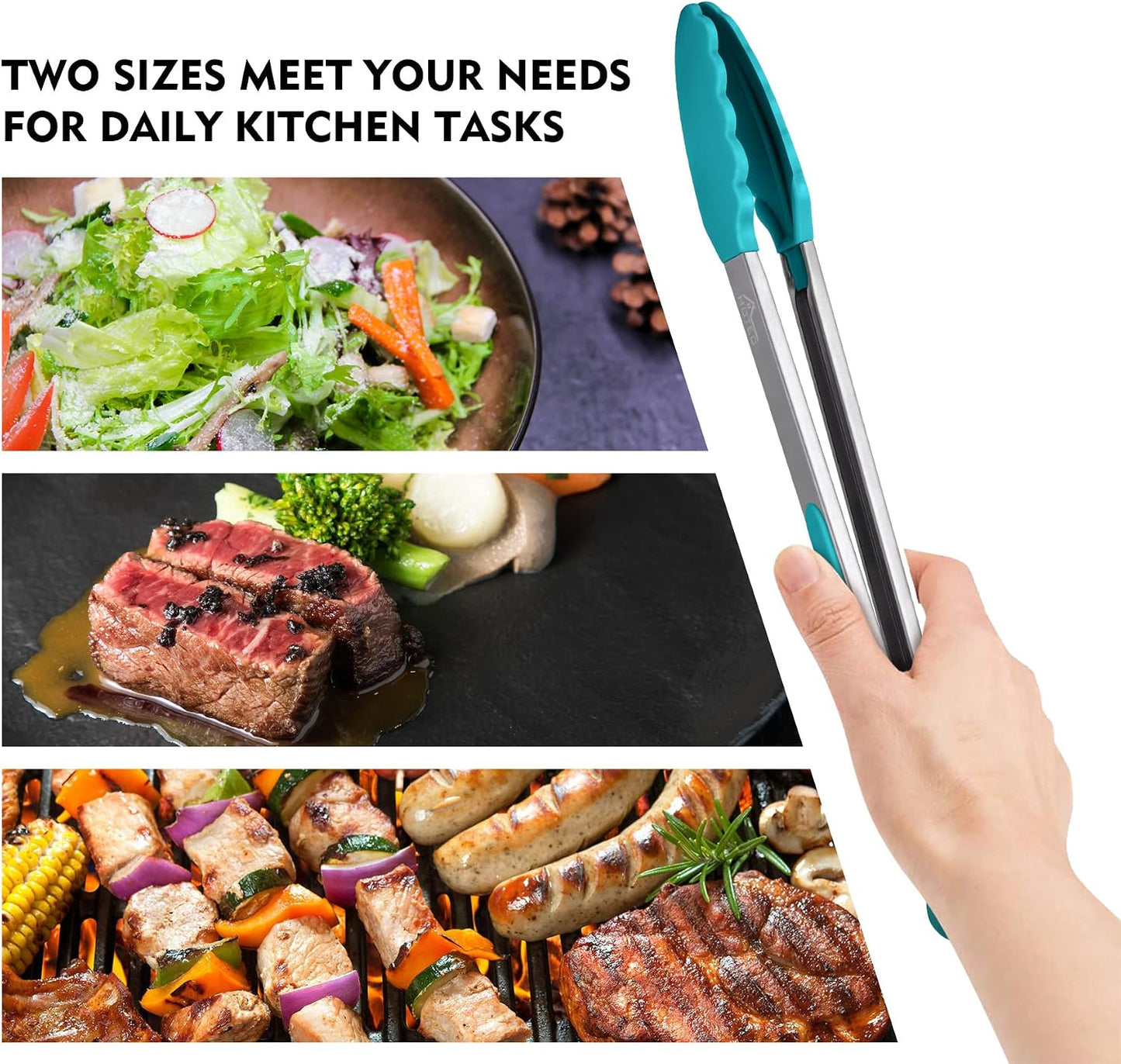 HOTEC Premium Stainless Steel Locking Kitchen Tongs with Silicon Tips, Set of 2-9" and 12"