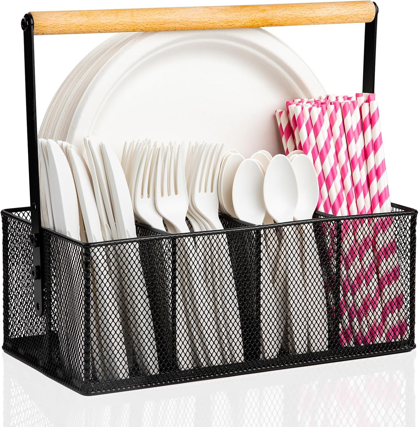 Paper Plate Organizer with Handle, Silverware Caddy Countertop, Paper Plate and Utensil Holder, Cutlery Caddy with 5 Compartments for Party, Camping, Picnic (Black)