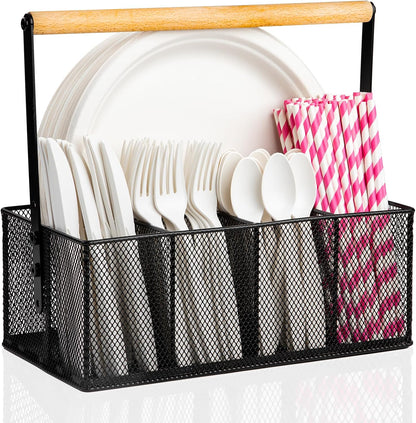 Paper Plate Organizer with Handle, Silverware Caddy Countertop, Paper Plate and Utensil Holder, Cutlery Caddy with 5 Compartments for Party, Camping, Picnic (Black)