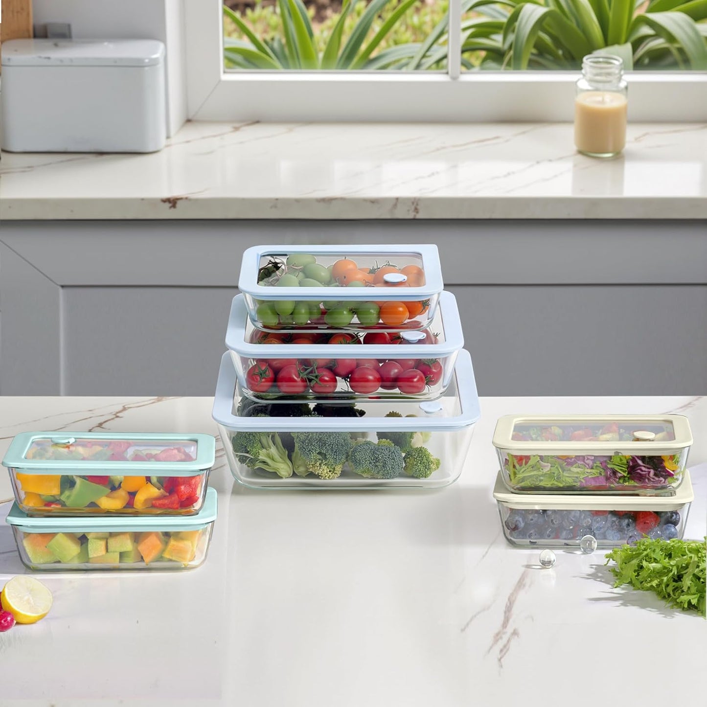 Urban Green Glass Food Container Set with Glass Lid, 5 Pack, Meal Prep Containers with Silicone Framed Airtight Lid, Leakproof, 100% Plastic Free