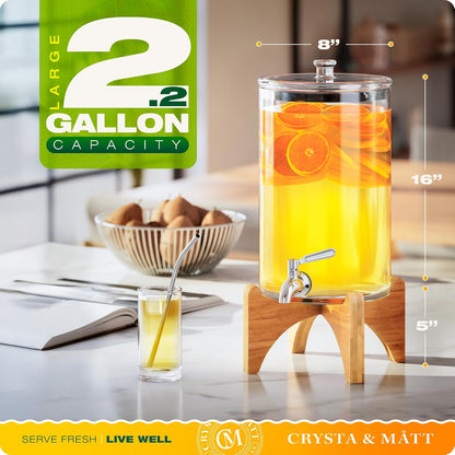 2.2 Gallon Glass Beverage Dispenser With Stand | Glass Water Dispenser With Stand | Leakproof Spigot | Ideal for Hot and Ice Cold Drinks | Perfect for Breakfast, Parties, Weddings