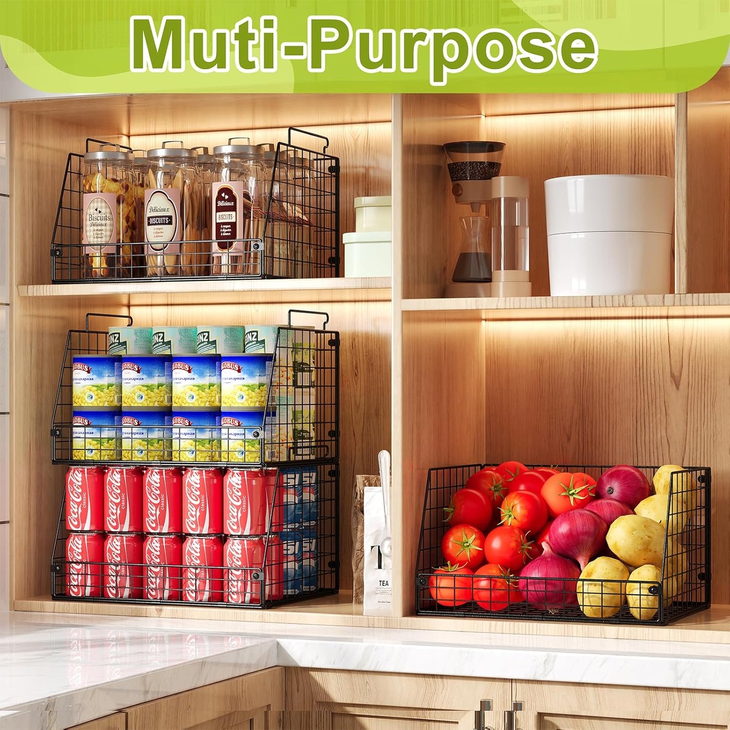 Jakyitvi 4 Pack XXL Stackable Wire Storage Basket, Extra Large Capacity Pantry Organizer and Storage, Muti-Purpose for Vegetable Fruit Basket & Can Organizer & Snack Rack & Metal Pantry Bin