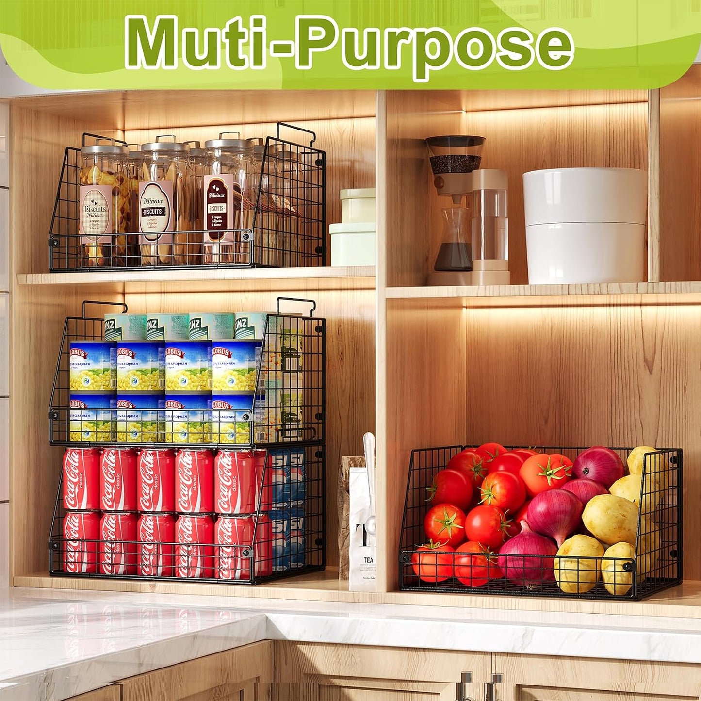 Jakyitvi 4 Pack XXL Stackable Wire Storage Basket, Extra Large Capacity Pantry Organizer and Storage, Muti-Purpose for Vegetable Fruit Basket & Can Organizer & Snack Rack & Metal Pantry Bin