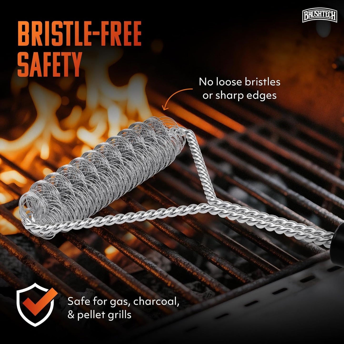 Brushtech Double Helix Grill Brush, 16″ Flat BBQ Grill Cleaner - Bristle‑Free Coil Springs Clean Tops & Sides - Stainless Steel, Long Reach Handle, Heavy‑Duty BBQ Tool for Gas & Charcoal Grates