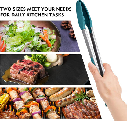 HOTEC Premium Stainless Steel Locking Kitchen Tongs with Silicon Tips, Set of 2-9" and 12"