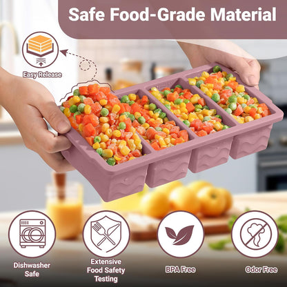 Silicone Freezer Trays with Lid for Soup, 1-Cup & 2-Cup Large Ice Cube Molds Food Storage Containers for Meal Prep, Freeze 500mL/250mL/125mL Portions – 2 Pack