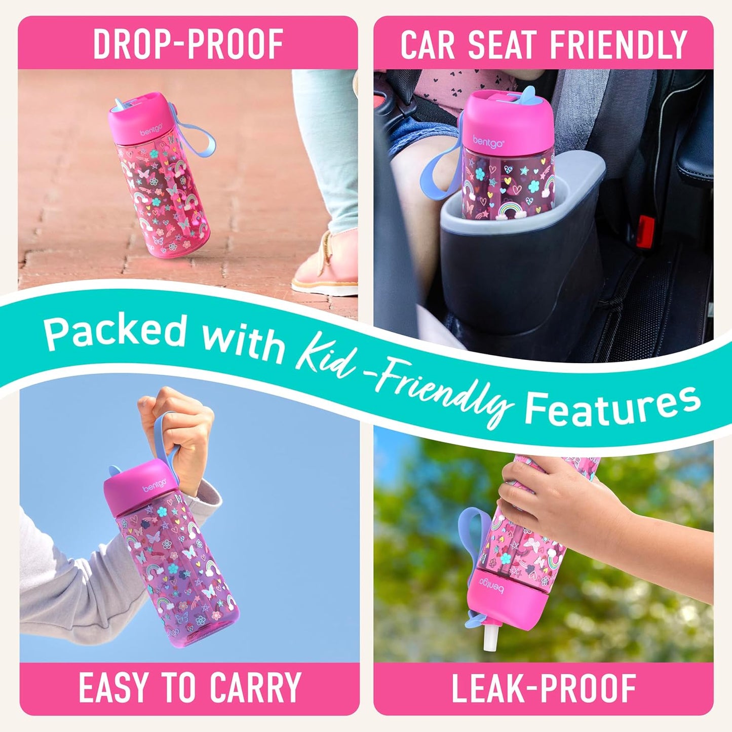 Bentgo Kids Water Bottle - Leak-Proof, Durable Tritan PFAS- & BPA-Free 15 fl oz, Kids/Toddlers Ages 3+ for School & Sports; Bite & Sip Spout, Carrying Handle, Dishwasher Safe (Unicorn)