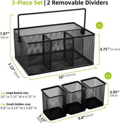 Neudeco Utensil Holder Set of 3, Black | Silverware Caddy, Portable Cutlery Storage & Paper Plate Organizer, Metal Mesh, Adjustable Dividers