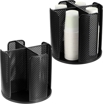 2 Pcs Rotating Paper Cup Dispenser, Cup Holder with 4 Compartments, Disposable Coffee Cup Dispenser Removable, Plastic Cup Storage & Lid Holder for Countertops, Kitchen, Coffee Stations (Black)