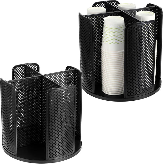 2 Pcs Rotating Paper Cup Dispenser, Cup Holder with 4 Compartments, Disposable Coffee Cup Dispenser Removable, Plastic Cup Storage & Lid Holder for Countertops, Kitchen, Coffee Stations (Black)