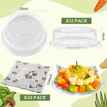 Tessco for you 12 Pack Heavy Duty Repeatedly Plastic Serving Tray with Lid and 24 Pcs Deli Wax Paper Sheets Sets Large Party Platters with Clear Lids Stackable Round Food Serving Trays (Black,16inch)
