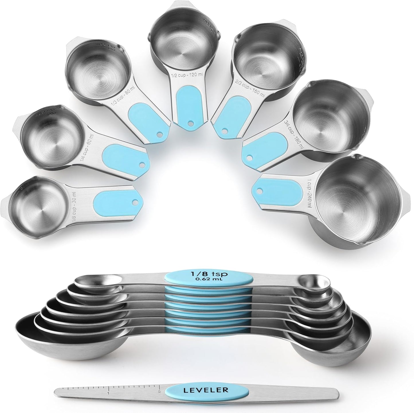 Spring Chef Magnetic Measuring Cups & Spoons Set, Patented, Strong N45 Magnets, Heavy Duty Stainless Steel Fits in Spice Jars for Baking & Cooking, BPA Free, Round Set of 15 with Leveler, Black