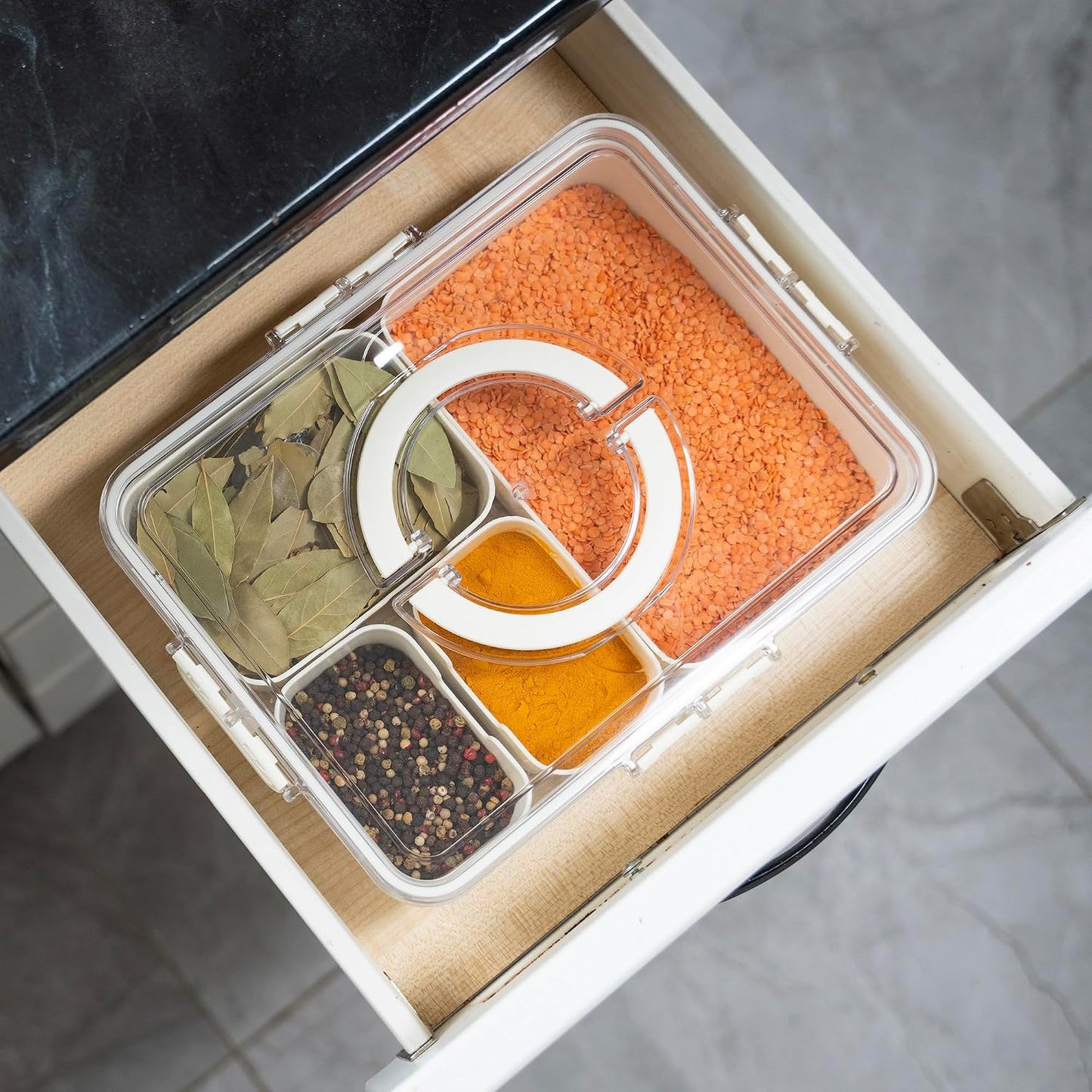 Small Snackle Box Container - Travel Snack Box Container - Snacklebox - Divided Serving Tray With Lid and Handle - Portable Snack Tray With Lid - Snackle Boxes 4 compartment Grey Blue (Cream)