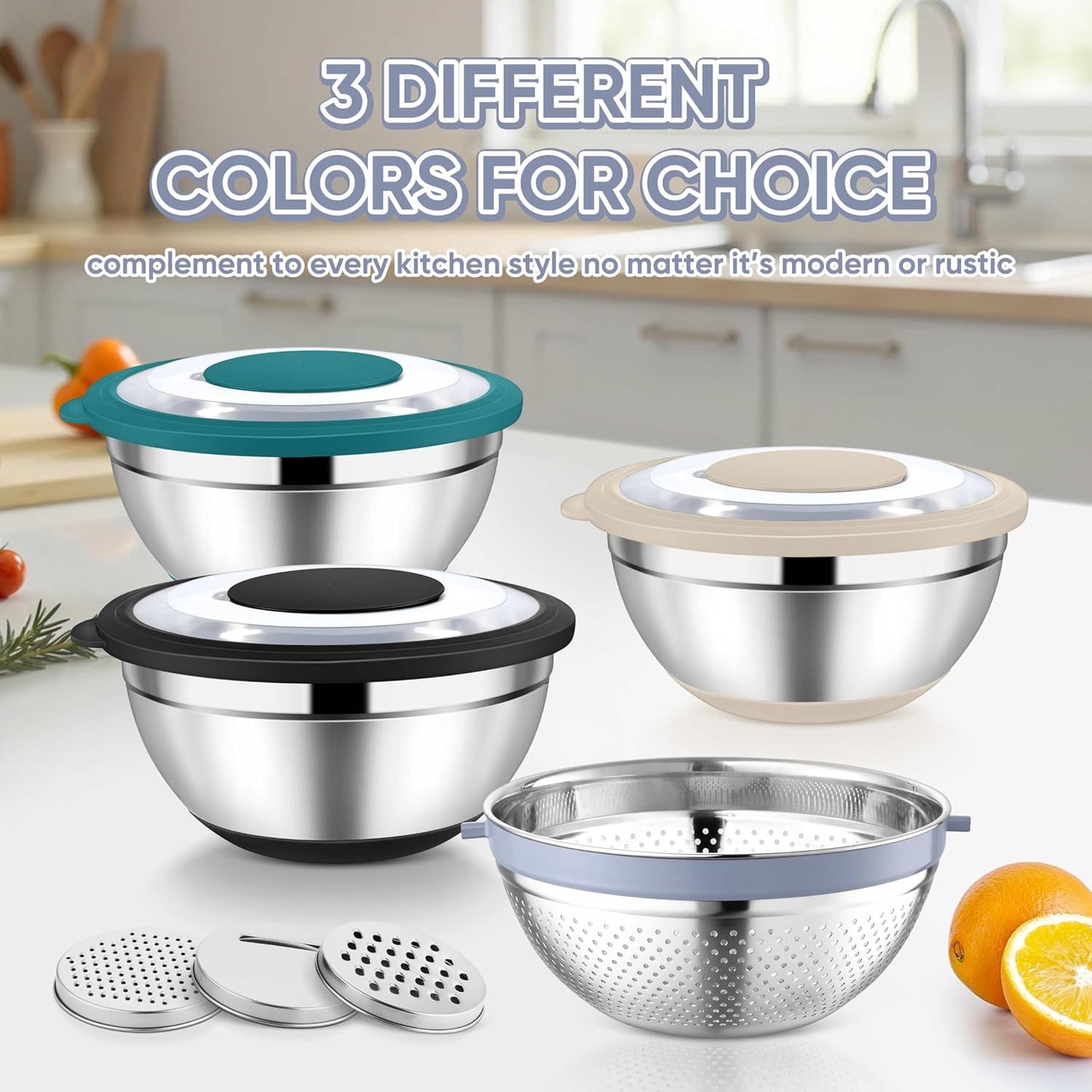TeamFar 4-1 Colander with Bowl Set, Rotatable Colander for Kitchen, Stainless Steel Food Strainers and Colanders Mixing Bowl with Graters, for Veggies Fruits Washing, Pasta Straining - Khaki