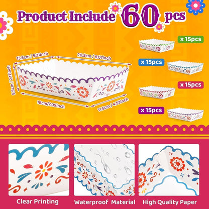 Mexican Taco Nights Food Trays - 60Pcs Mexican Flowers Wavy Edge Unassembled Tray Nacho Snack Candy Holder Disposable Paper Plate Holiday Birthday Carnival Party Supplies Food Container