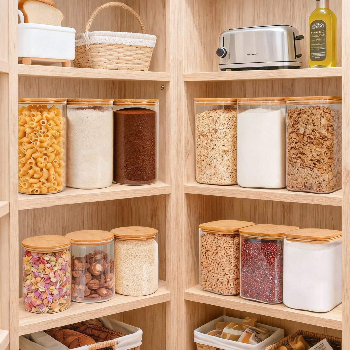 2-Pack 1 Gallon Square Glass Flour and Sugar Containers with Lids, Large Airtight Pantry Jars for Baking - Glass Canisters with Scoops & Labels for Bulk Food