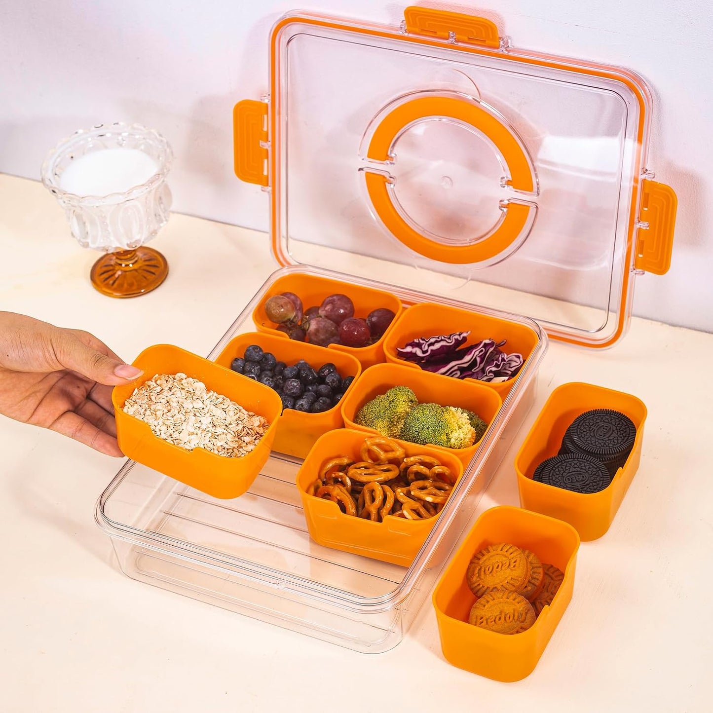 WACOI Divided Snack Serving Tray with Lid and Handle travel Snackle Box Charcuterie Container Portable Storage Organizer for Candy, Fruits, Nuts, Snacks 1Pack White